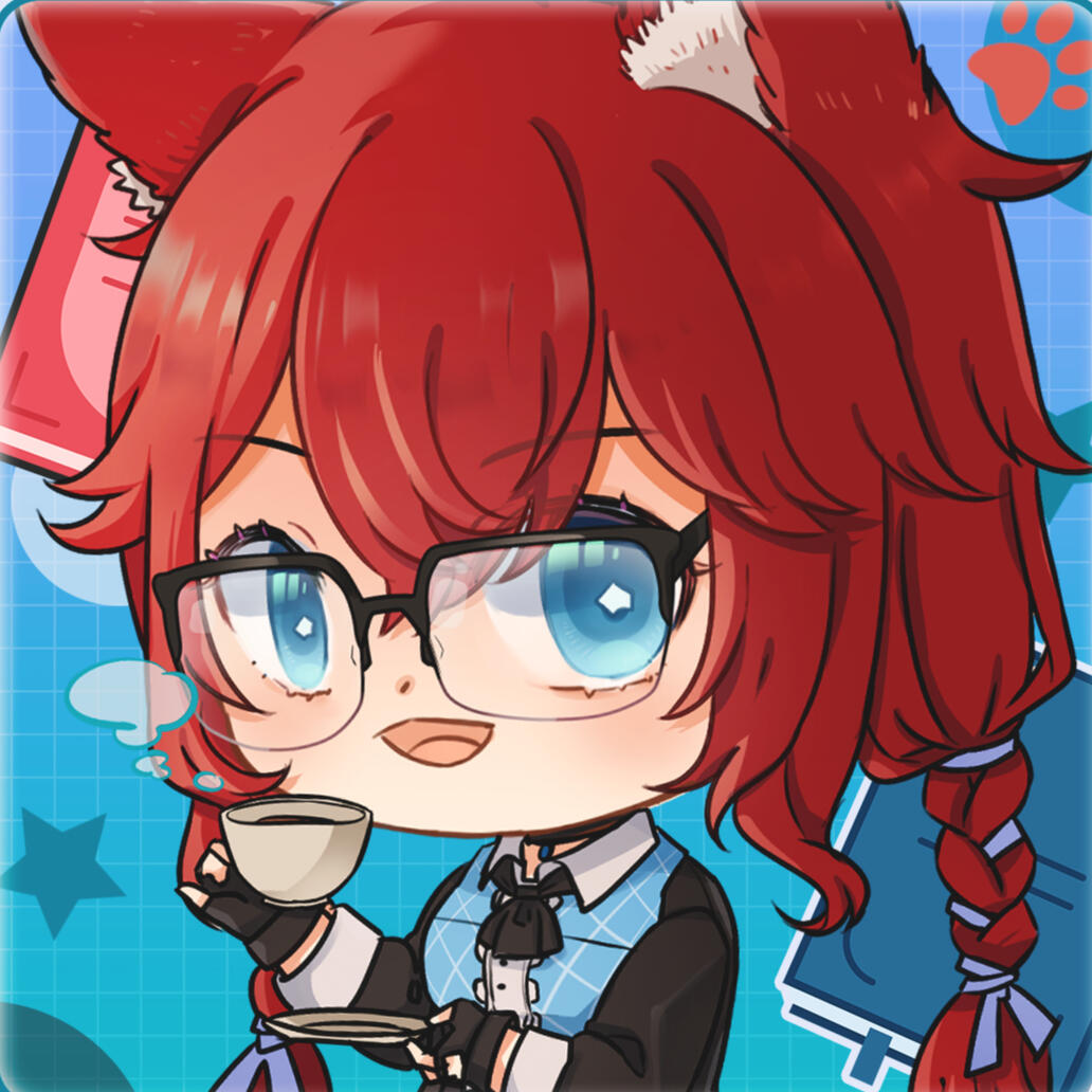 A drawn chibi picture of Kalani Shimizu’s vtube avatar, a glasses wearing, red-haired with braided pigtails catgirl, who is looking at the viewer while sipping tea.