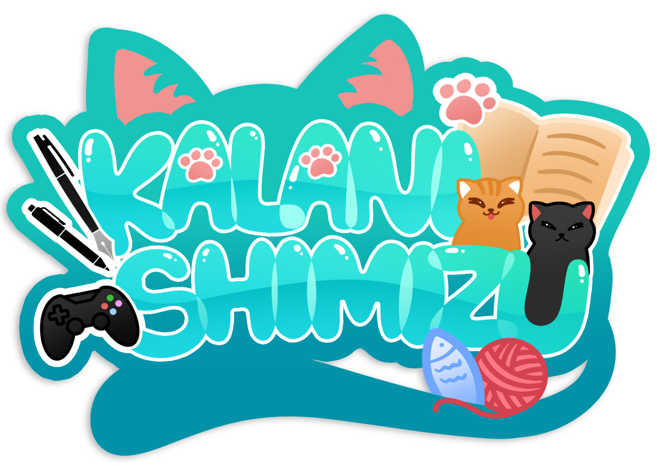 Kalani Shimizu’s logo, which has cat ears above her name. There are pins, a gaming controller, an open book, a cat ball of yawn and stuffed fish, and two cats— one orange and white and another black. Her name, “Kalani Shimizu,” is written in upper case bub