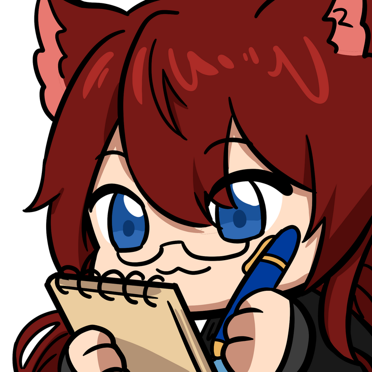 A drawn chibi picture of Kalani Shimizu’s vtube avatar, a glasses wearing, red-haired with braided pigtails catgirl, holding a pen and notebook, looking about to write something down.