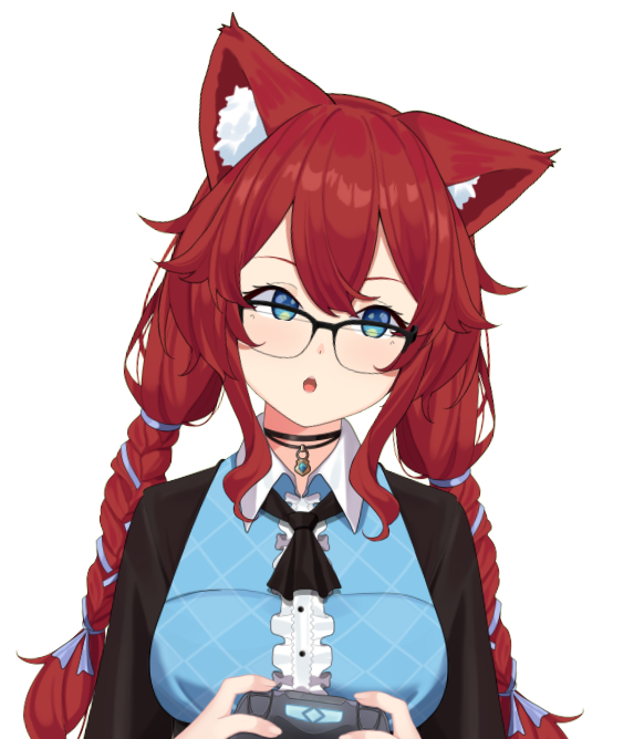 A drawn picture of Kalani Shimizu’s vtube avatar, a glasses wearing, red-haired with braided pigtails catgirl, looking confused while holding a gaming controller.